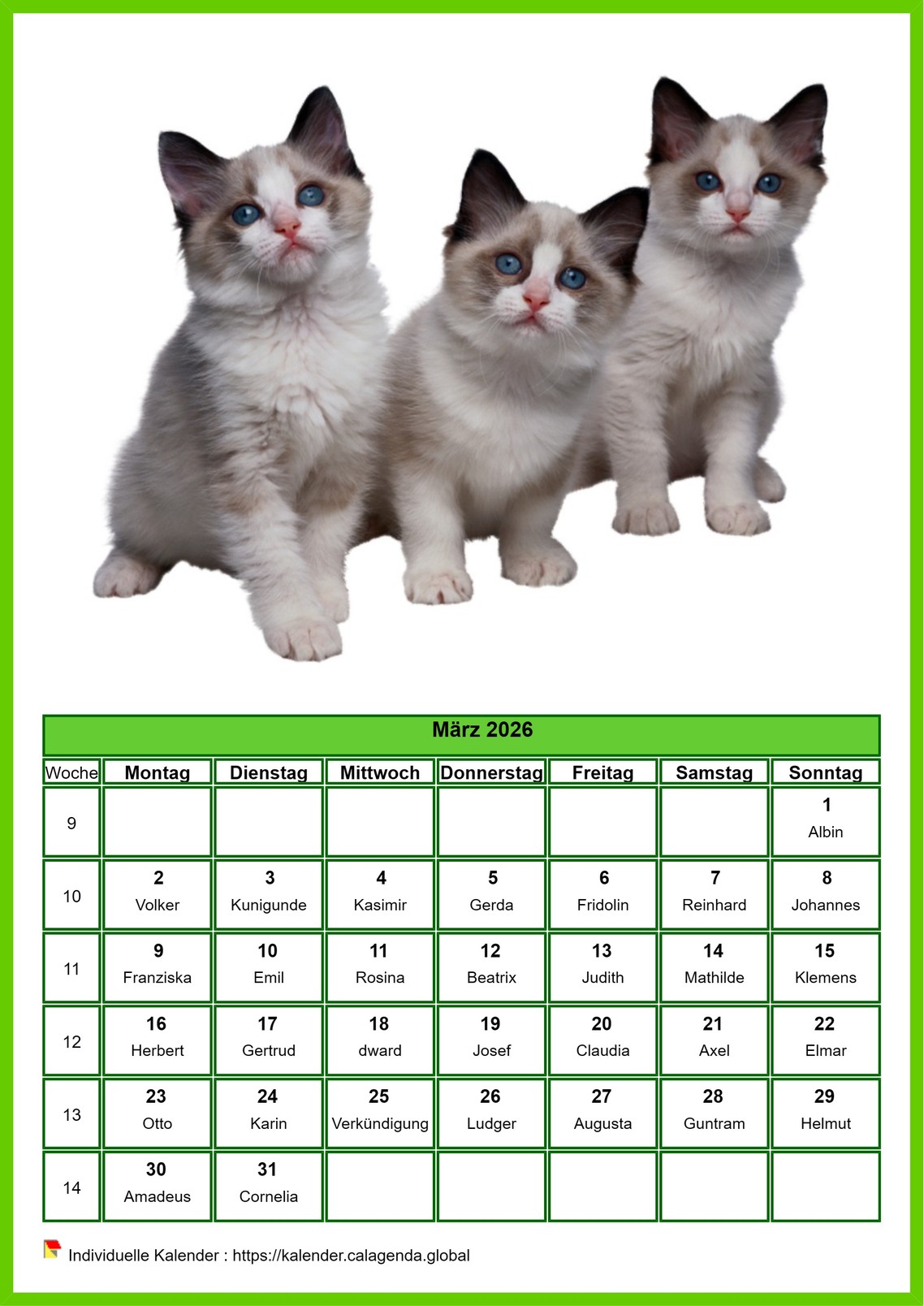 Kalender März 2026 Katzen