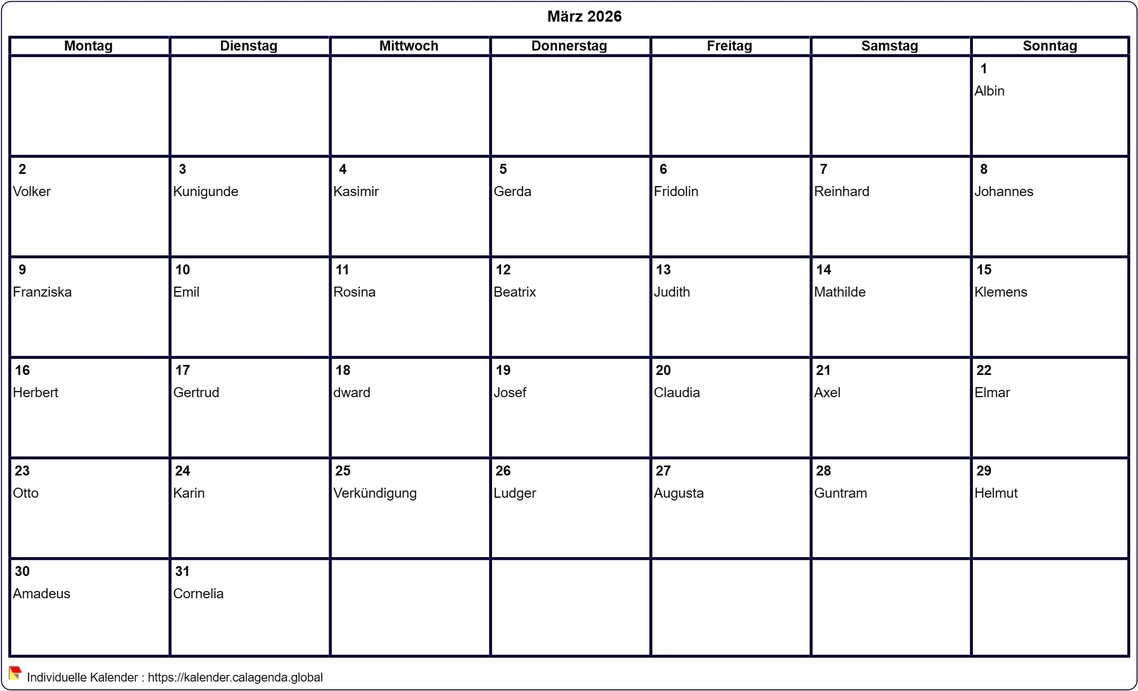 Kalender März 2026 leer ausdrucken