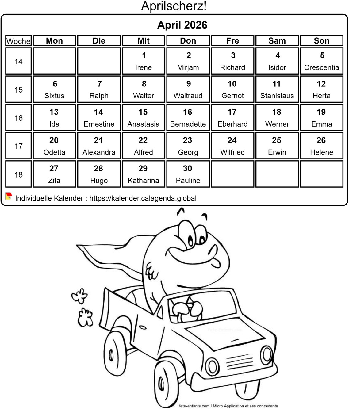 Kalender ausmalen April 2026