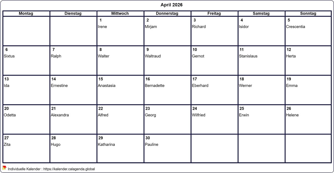 Kalender April 2026 leer ausdrucken Kalender April 2026 leer ausdrucken