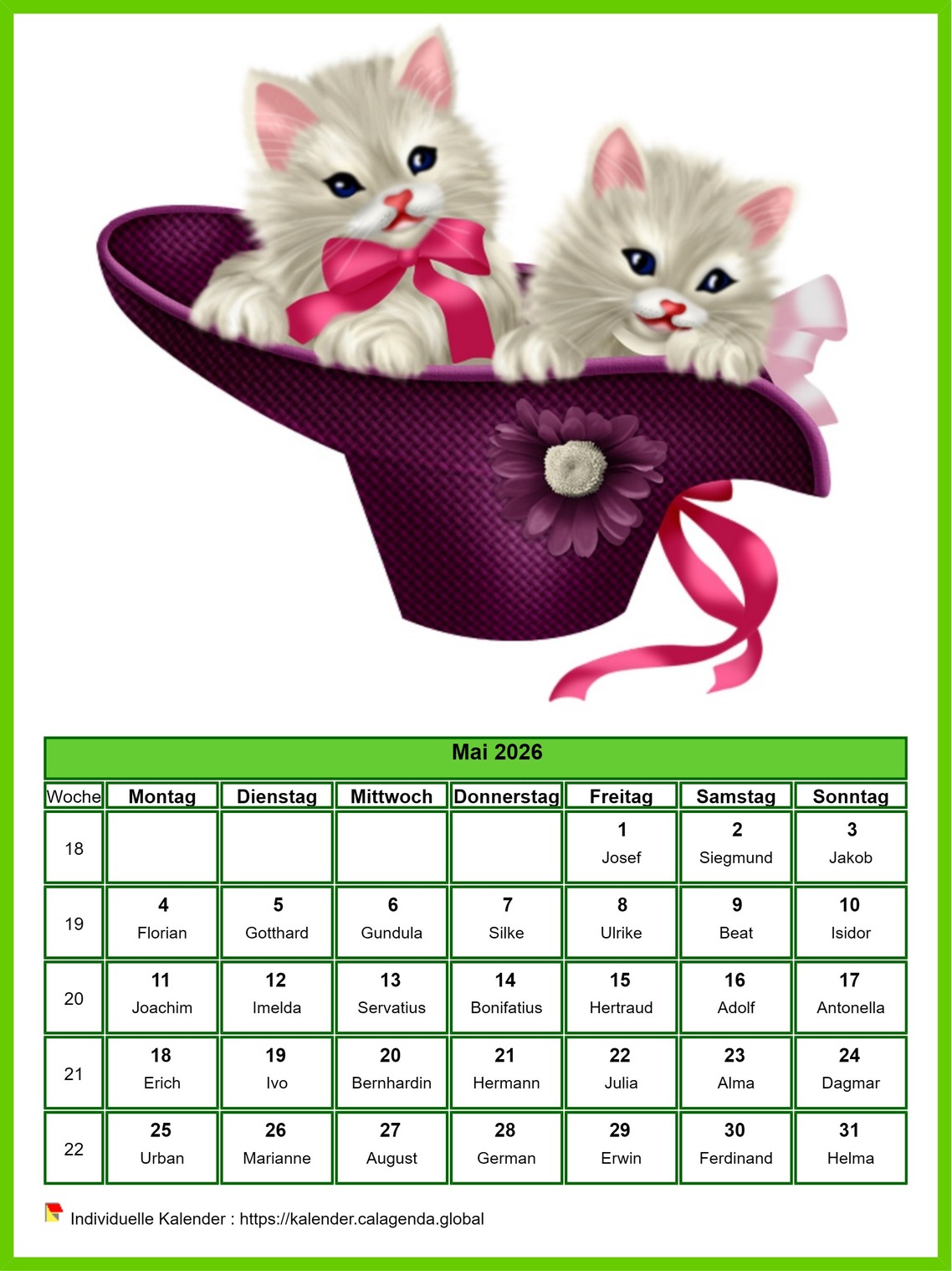 Kalender Mai 2026 Katzen