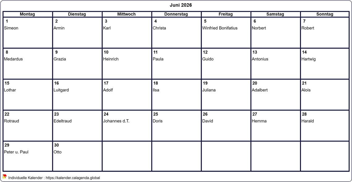 Kalender Juni 2026 leer ausdrucken Kalender Juni 2026 leer ausdrucken