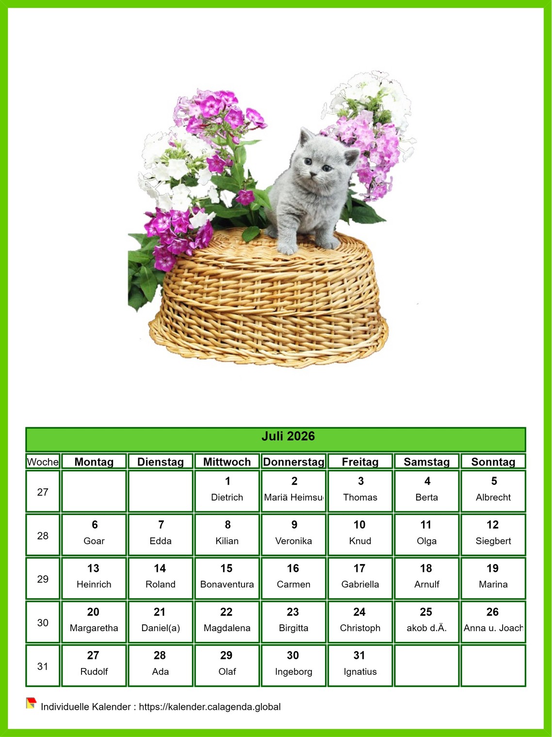 Kalender Juli 2026 Katzen