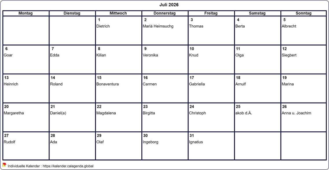 Kalender Juli 2026 leer ausdrucken