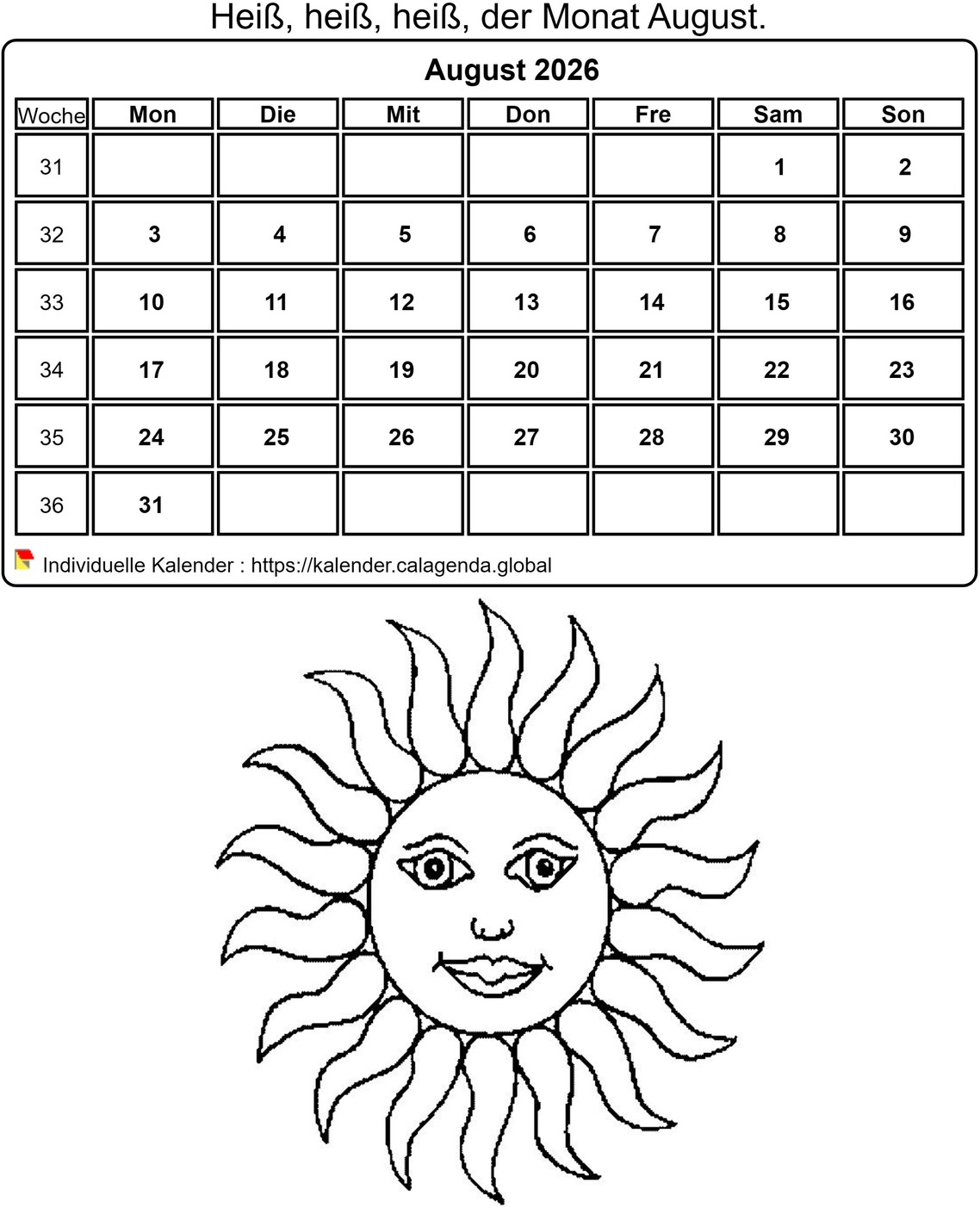 Kalender ausmalen August 2026