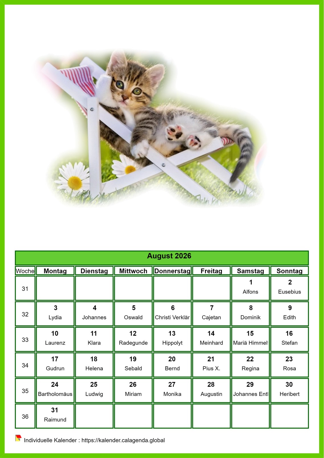 Kalender August 2026 Katzen