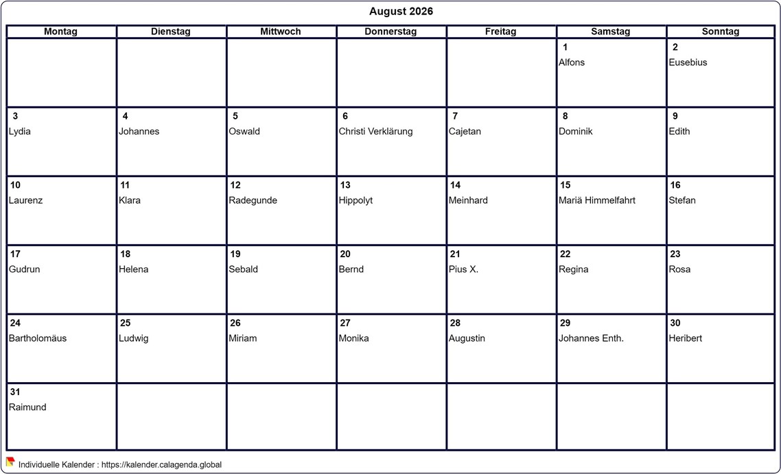 Kalender August 2026 leer ausdrucken