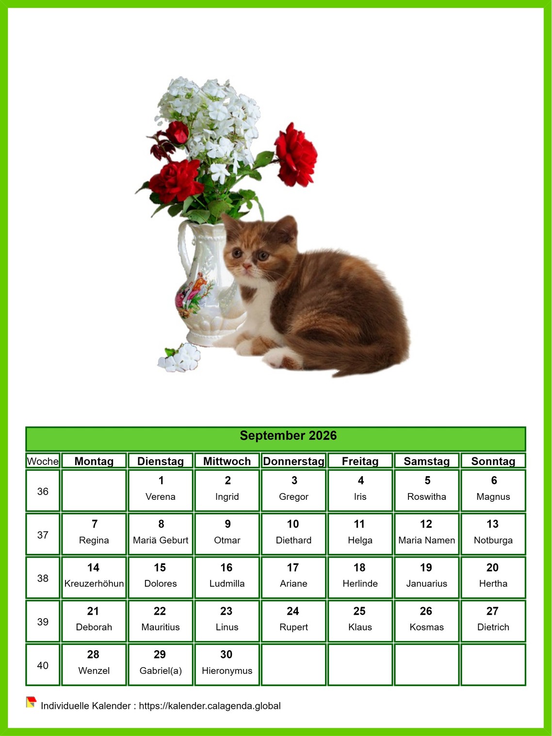 Kalender September 2026 Katzen