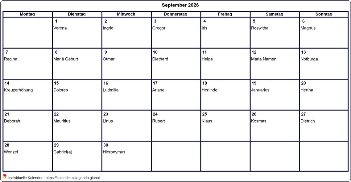 Kalender September 2026 leer ausdrucken