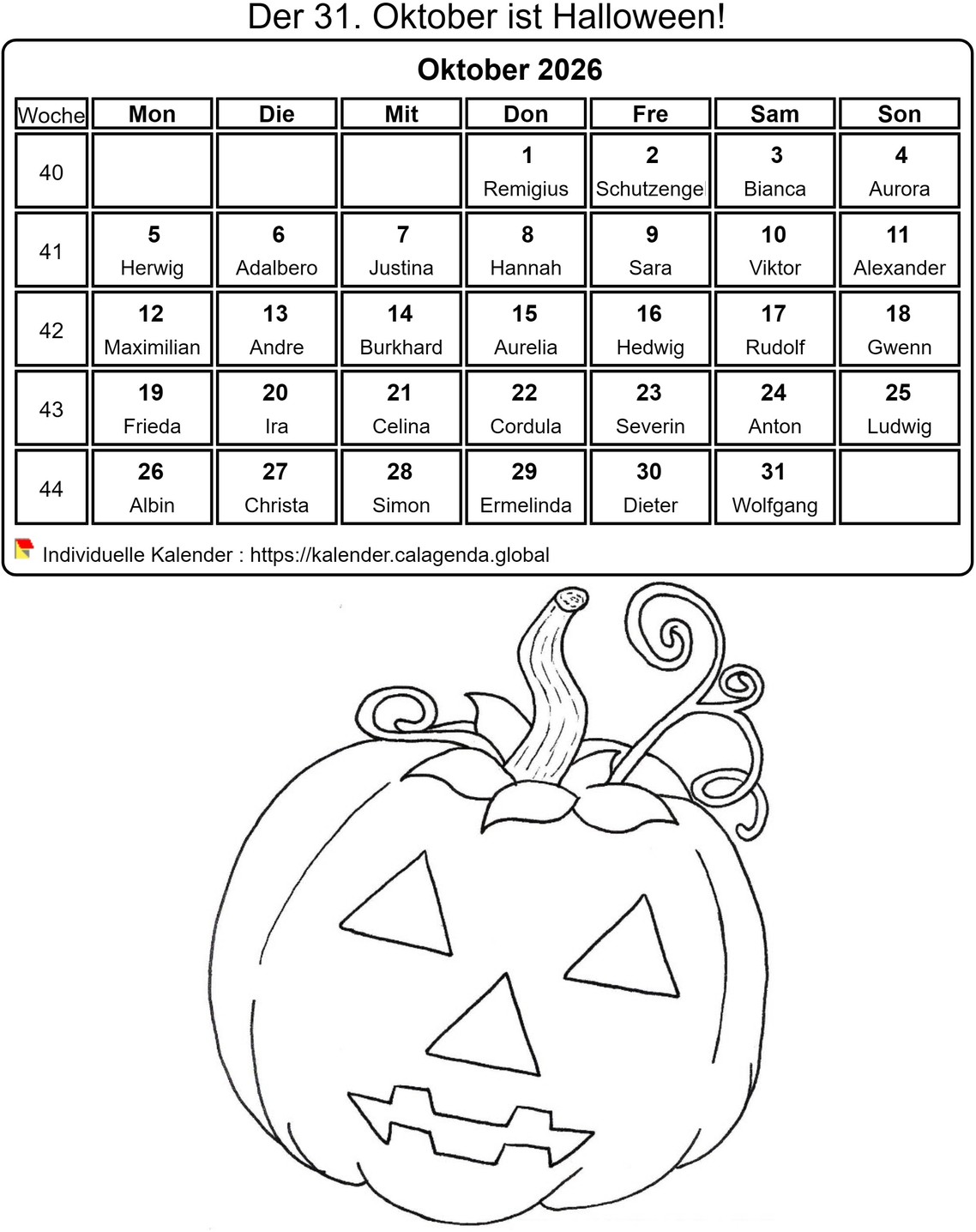 Kalender ausmalen Oktober 2026