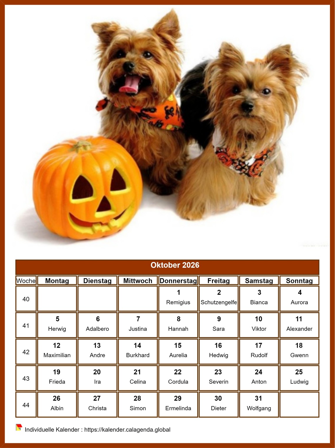 Kalender Oktober 2026 Hunde