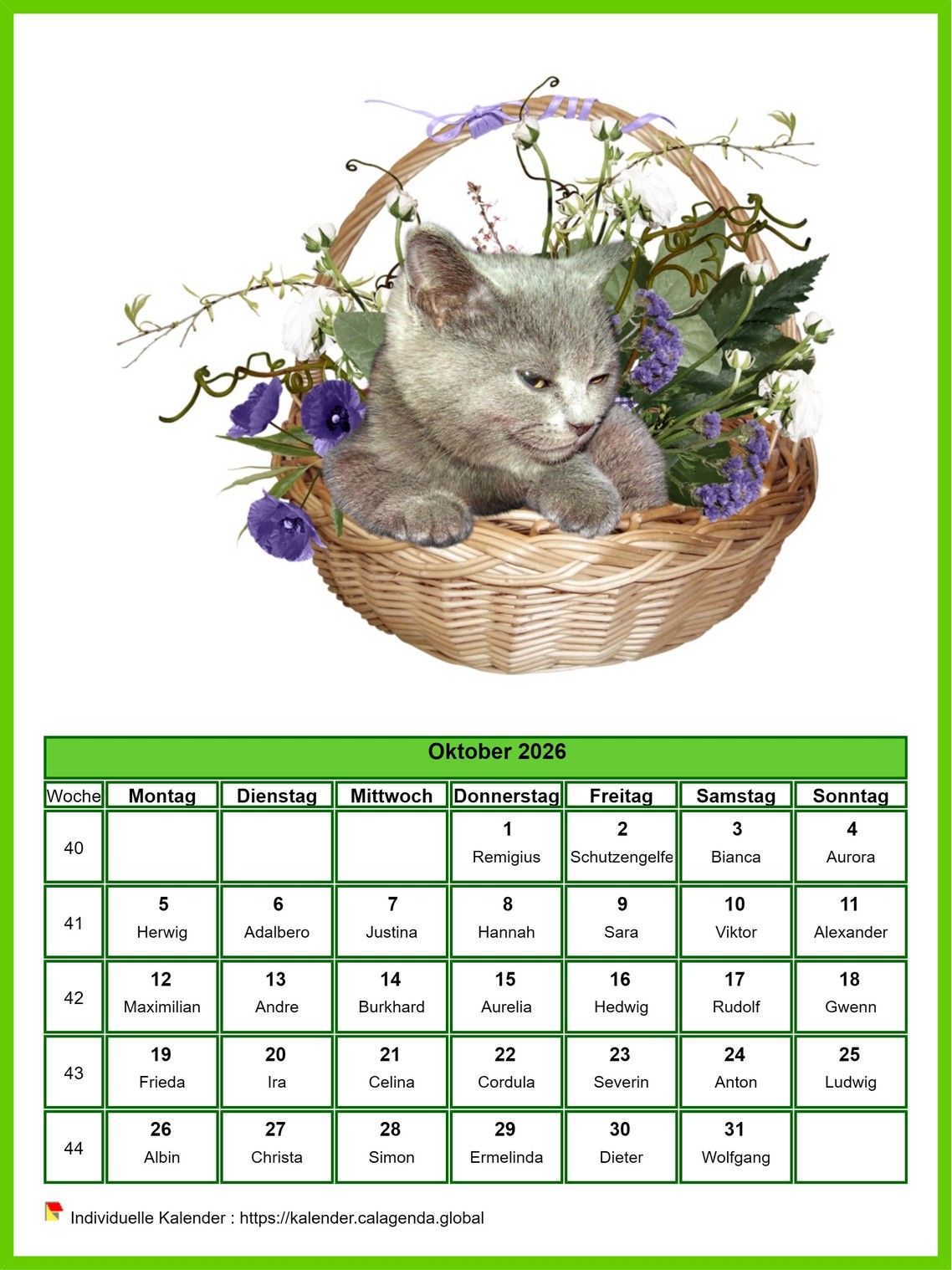 Kalender Oktober 2026 Katzen