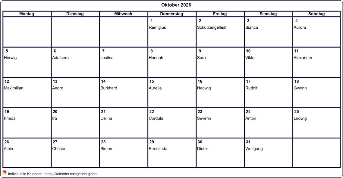 Kalender Oktober 2026 leer ausdrucken