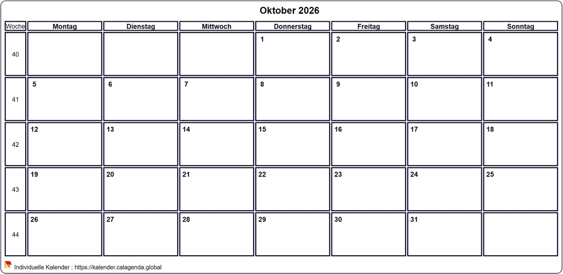 Kalender Oktober 2026