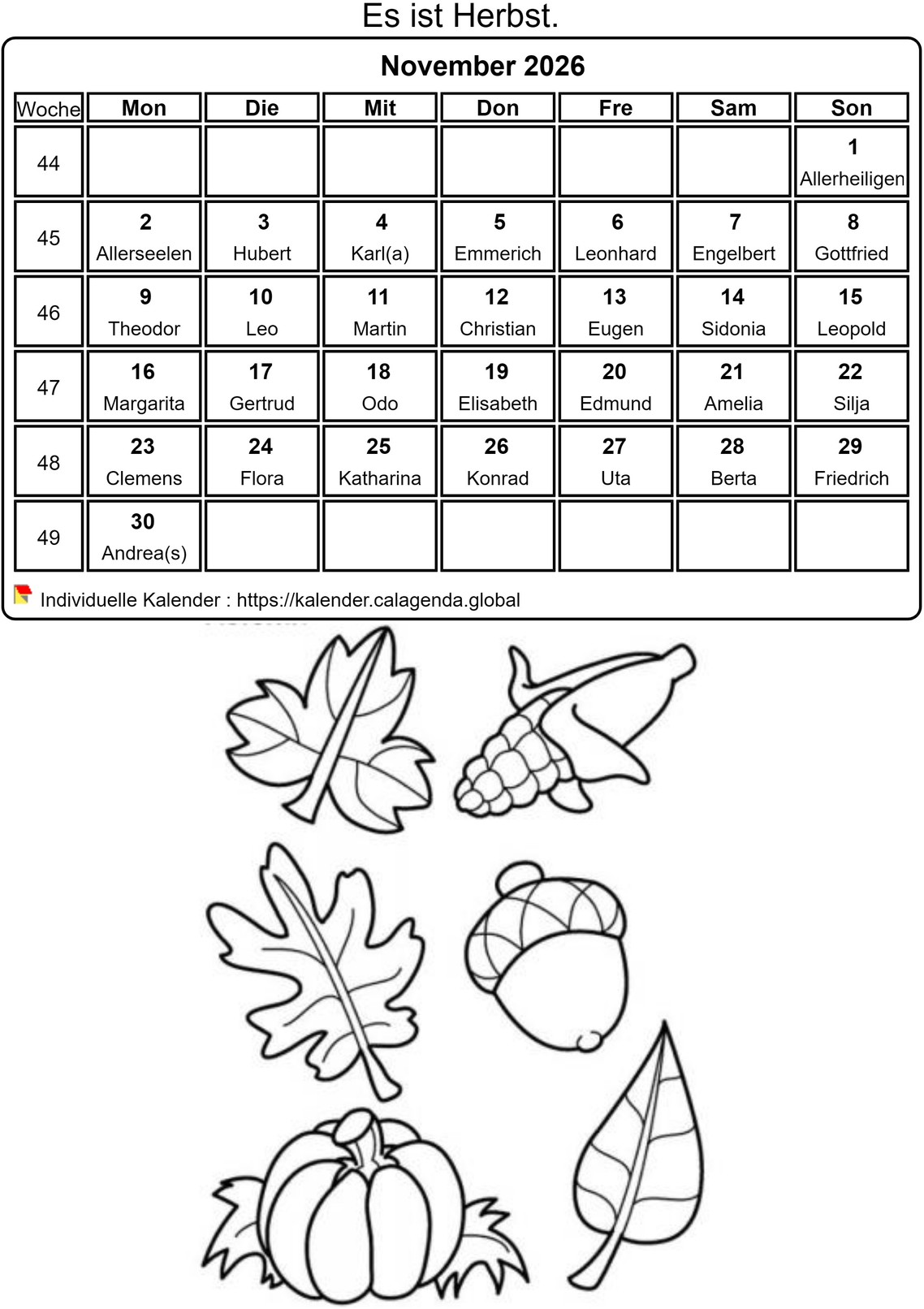 Kalender ausmalen November 2026