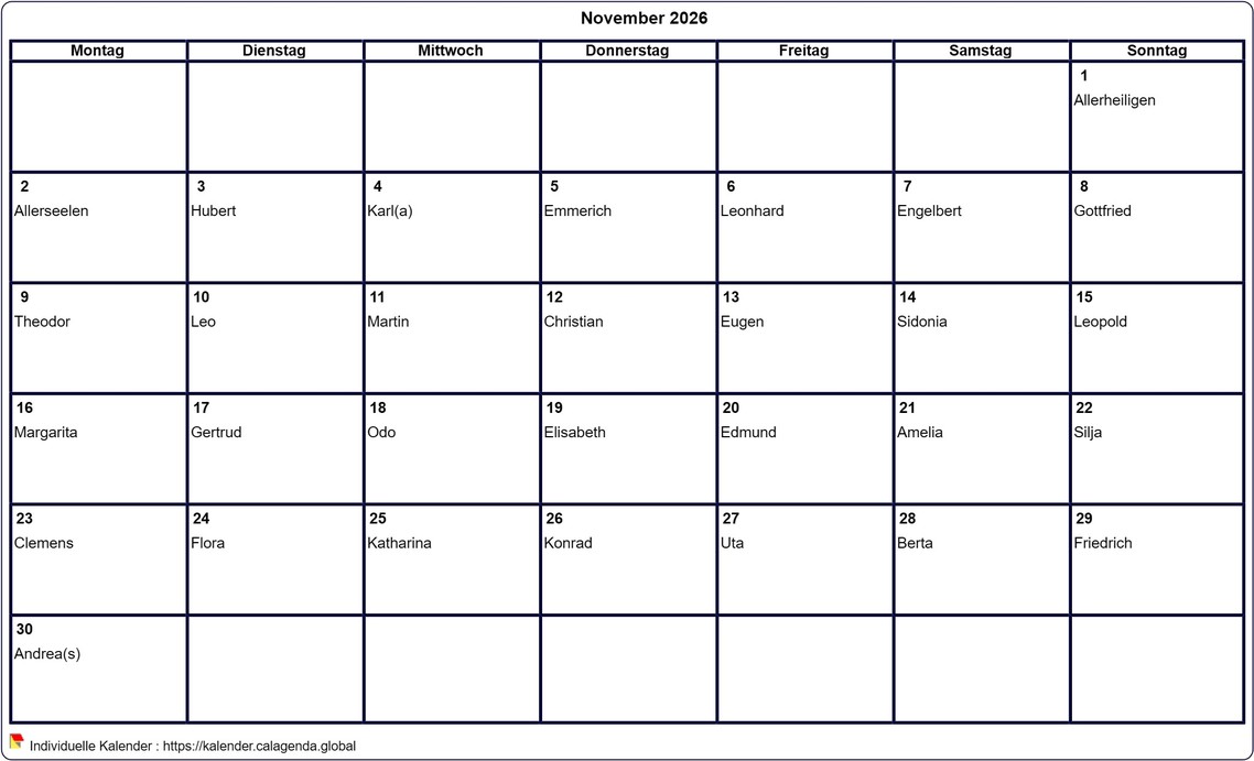 Kalender November 2026 leer ausdrucken