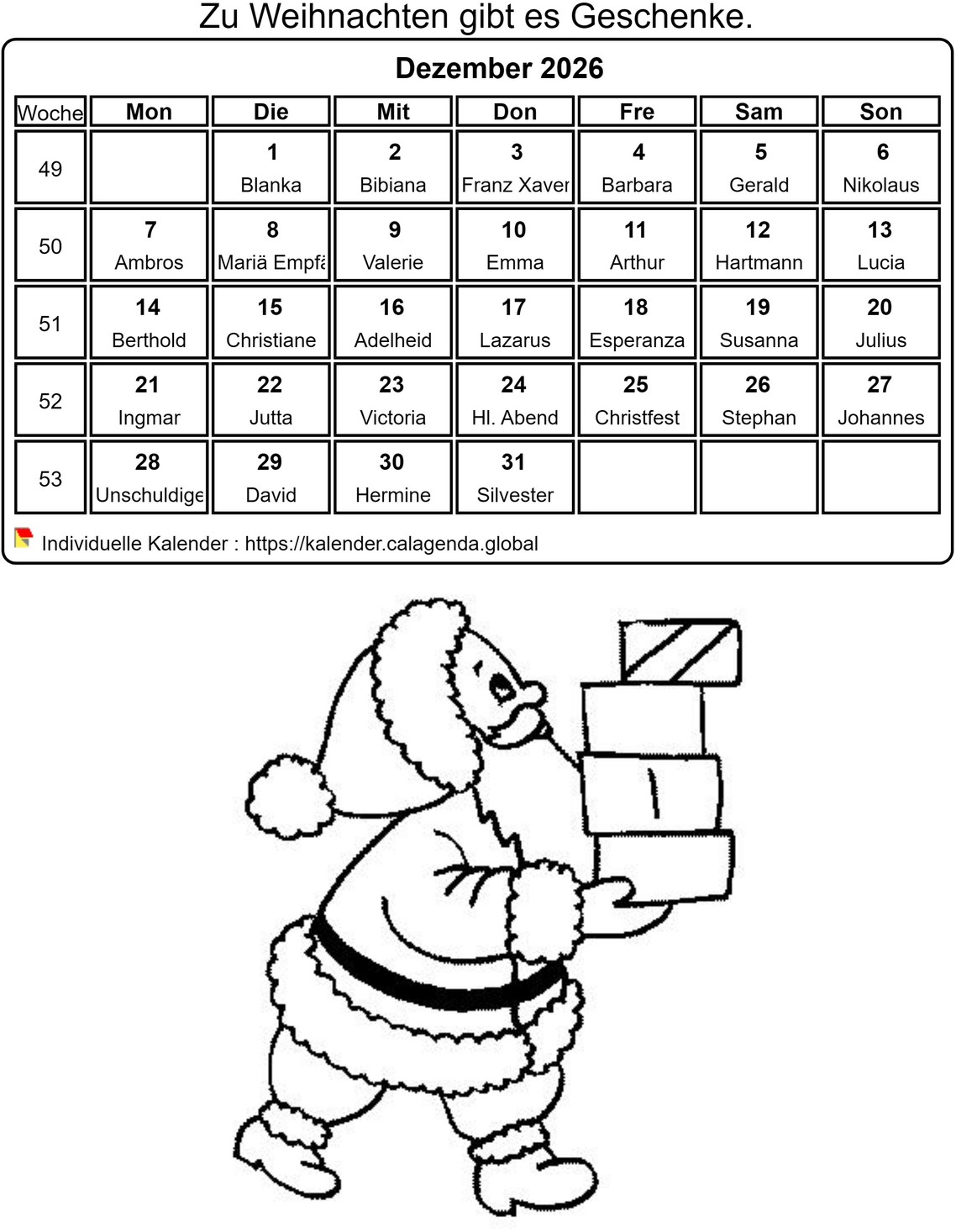 Kalender ausmalen Dezember 2026