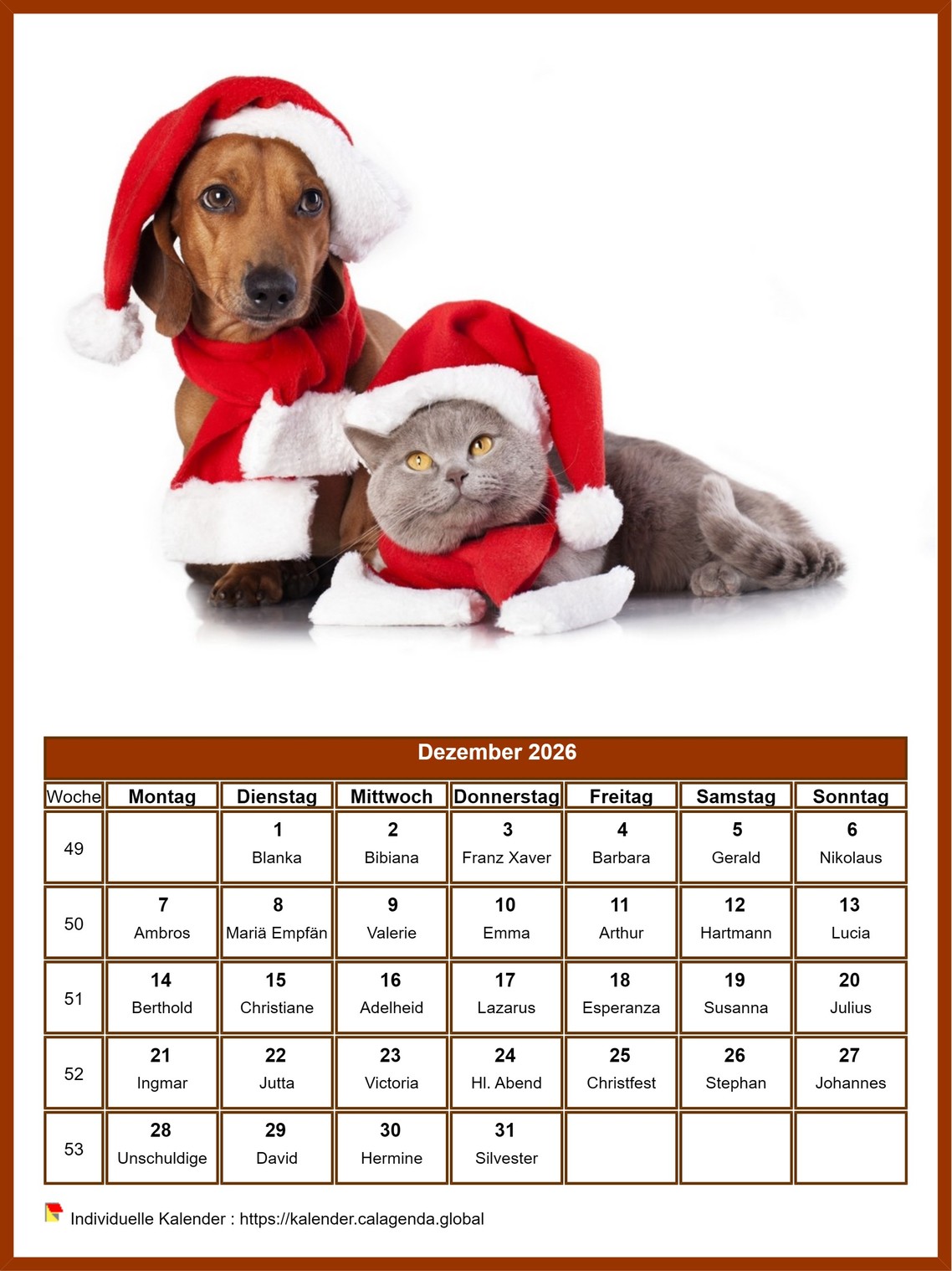 Kalender Dezember 2026 Hunde