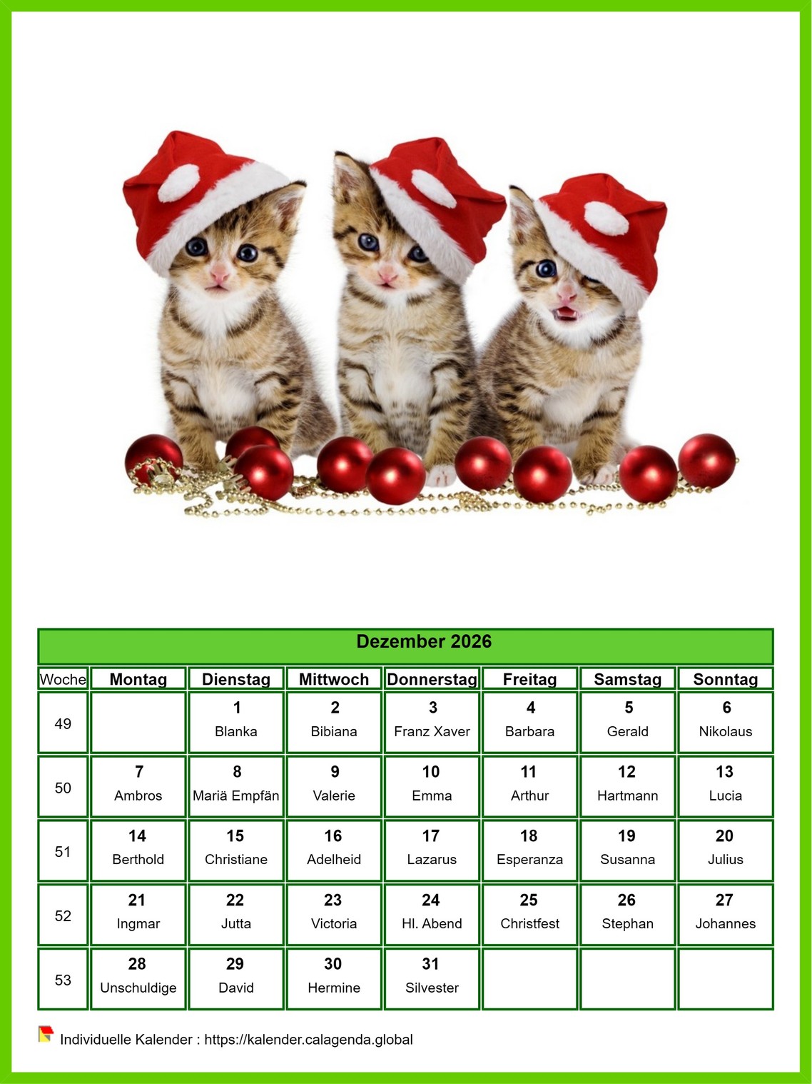 Kalender Dezember 2026 Katzen