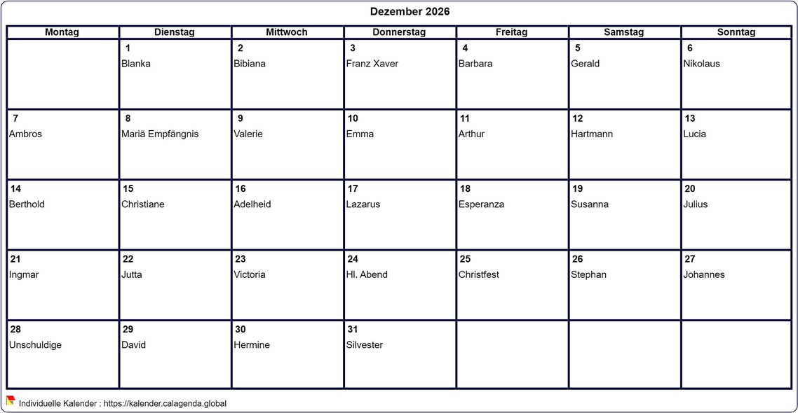 Kalender Dezember 2026 leer ausdrucken