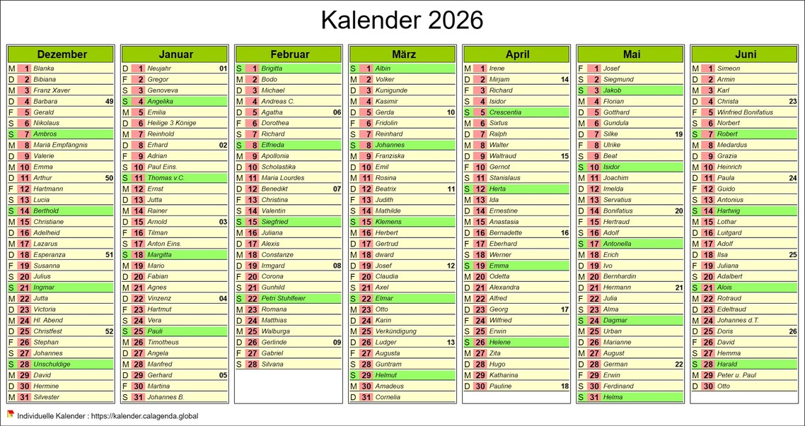 Kalender 2026 Halbjahr mit sieben Monaten