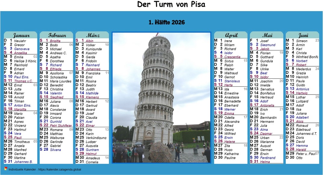 Kalender 2026 Halbjahreskalender in Spalten mit Foto in der Mitte