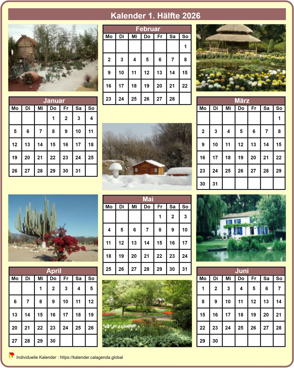 Kalender 2026 Halbjahr mit jedem Monat einem anderen Foto