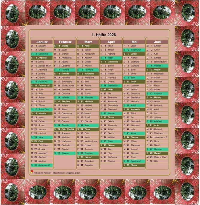 Kalender 2026 Halbjahres-Deko in Spalte, mit Bilderrahmen, Hochformat
