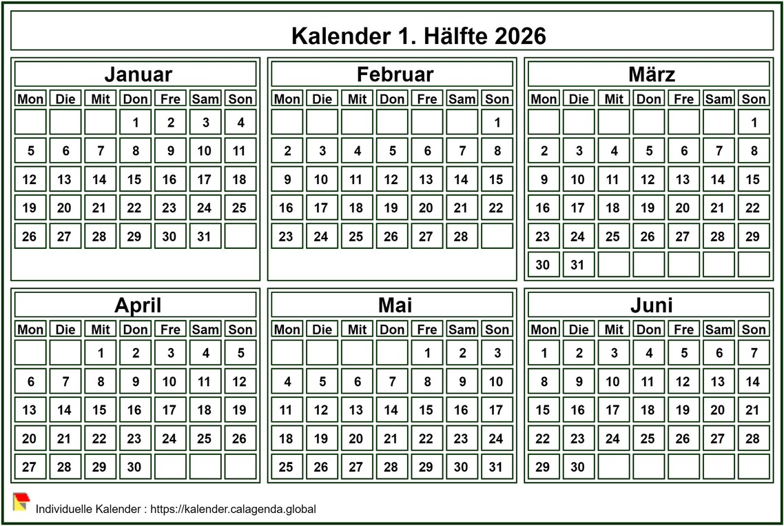 Kalender 2026 zum Ausdrucken, Halbjahr, kleines Taschenformat, weißer Hintergrund