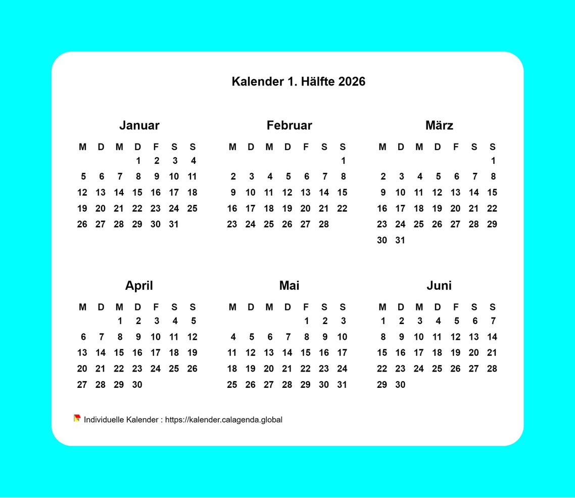 Kalender 2026 Halbjahr mit Rand