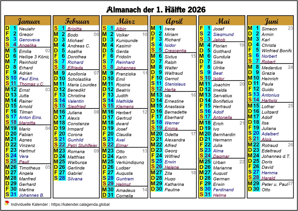 Kalender 2026 Halbjahr sechsspaltig im Querformat