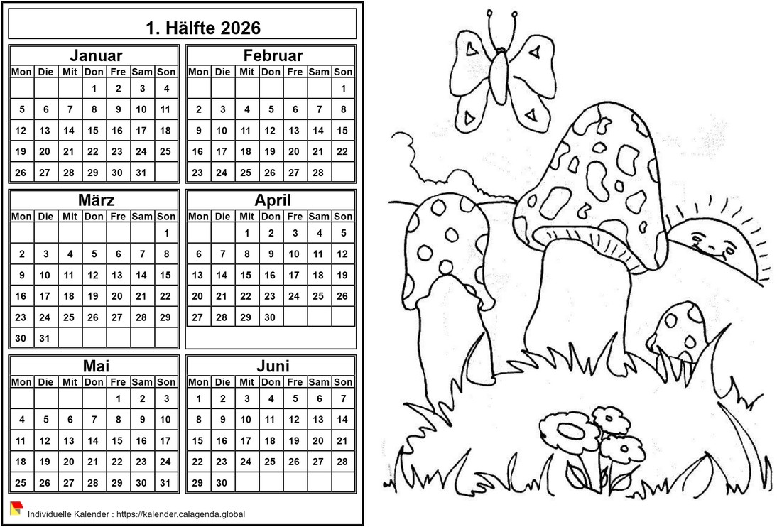 Kalender 2026 zum Ausmalen Halbjahr, Format Querformat, für Kinder
