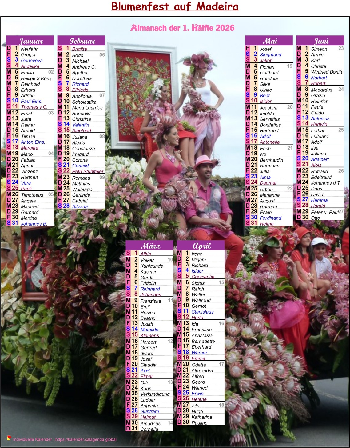 Kalender 2026 Halbjahres-Blumenfest auf Madeira