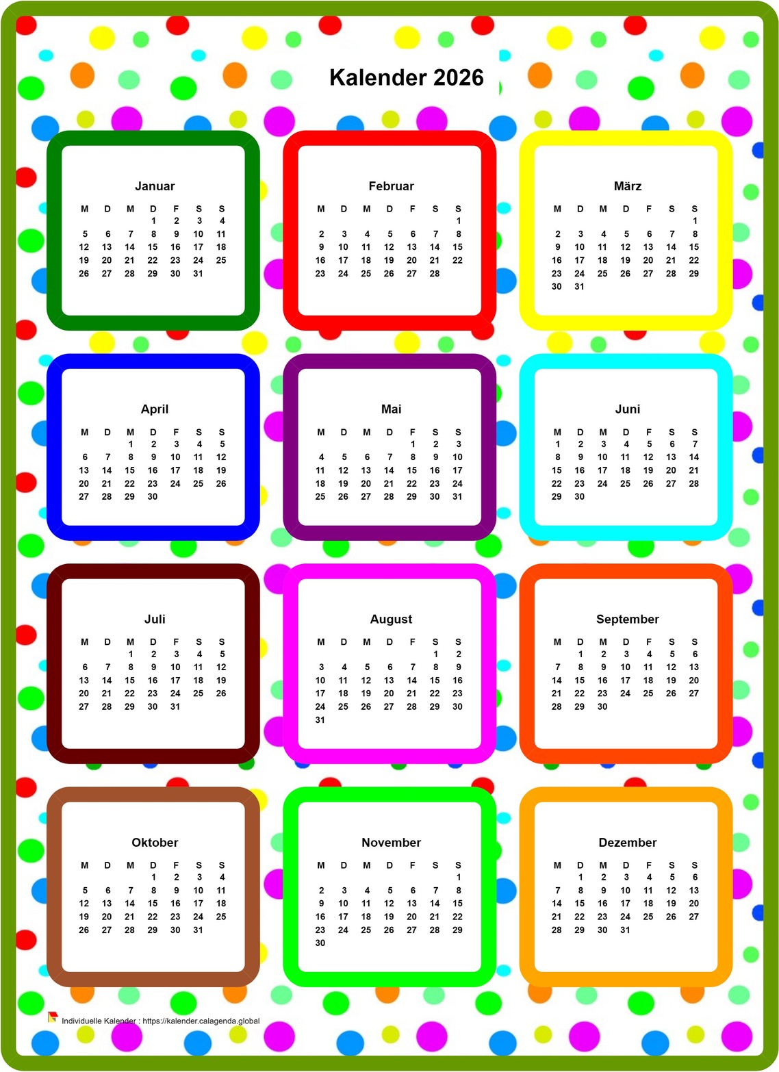 Kalender 2026 jährlich farbig