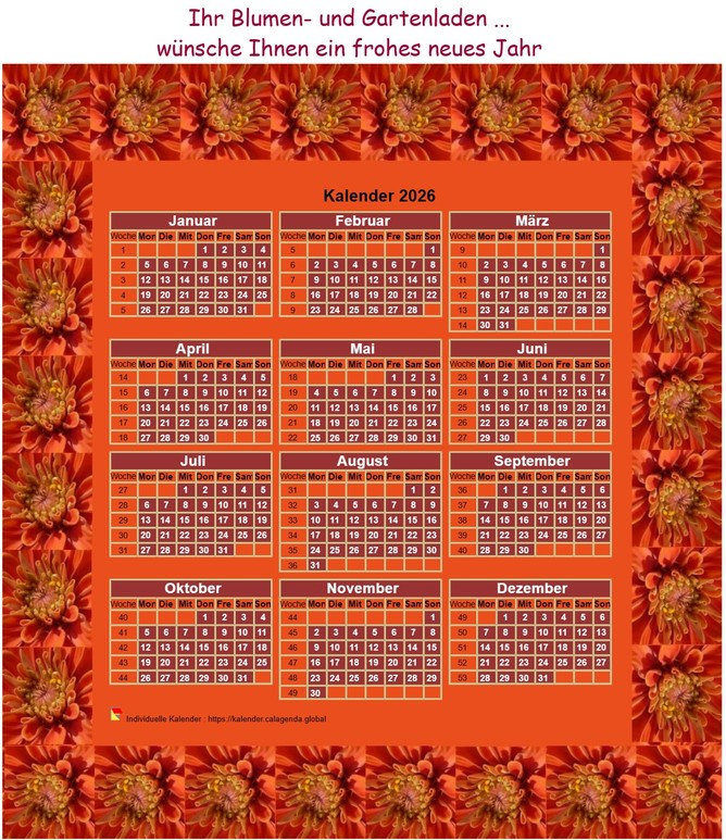Kalender 2026 jährlich zum Ausdrucken, 3 Spalten, 4 Zeilen