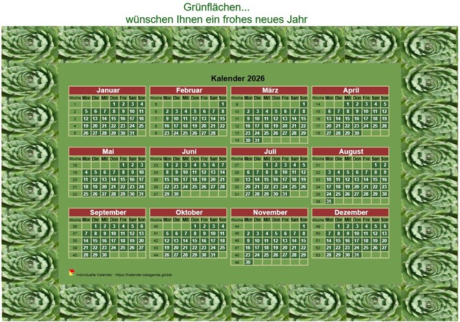 Kalender 2026 dekorativer Jahreskalender zum Ausdrucken, mit Rahmen Foto grün