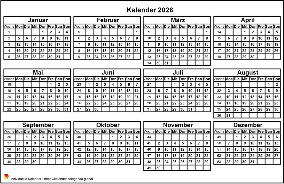 Kalender 2026 Format Querformat