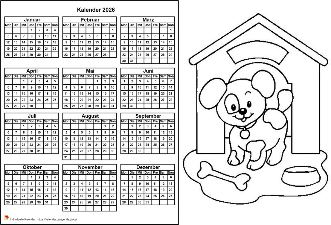 Kalender 2026 zum Ausmalen, Jahreskalender, Querformat, für Kinder
