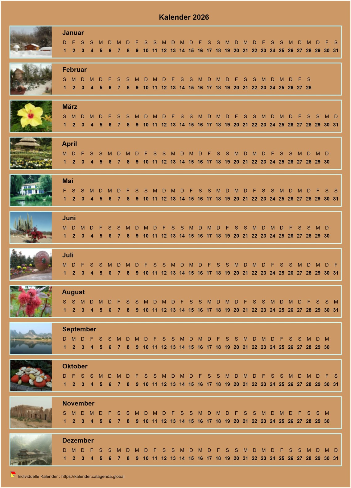 Kalender 2026 Jahreskalender horizontal mit 12 Fotos