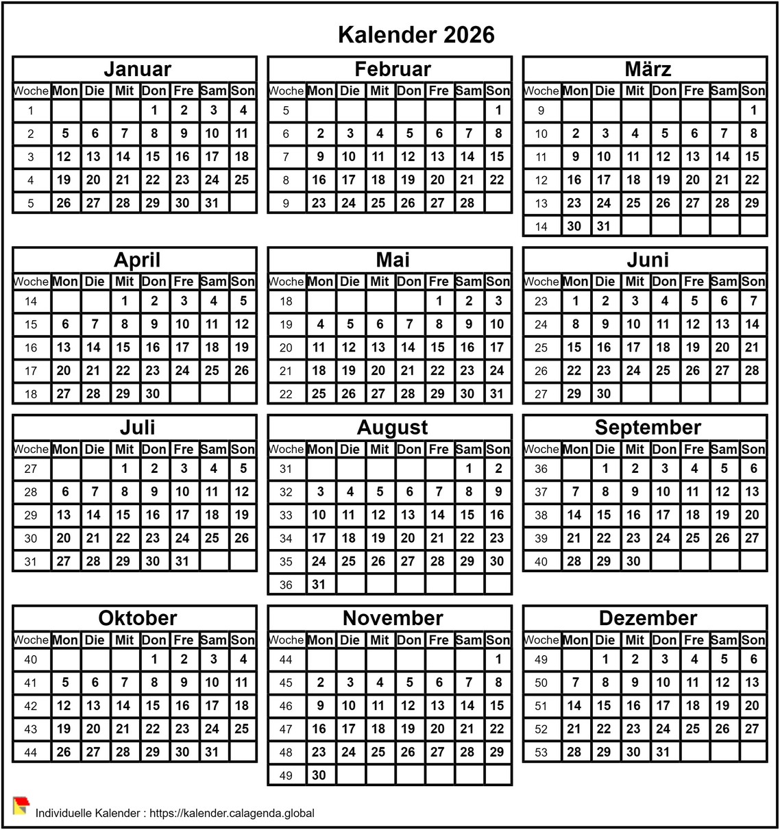 Kalender im 2026-Format im Hochformat