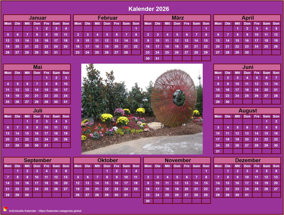 Kalender 2026 Fotojahreskalender zum Ausdrucken, rosa Hintergrund, Querformat, Tisch oder Wand