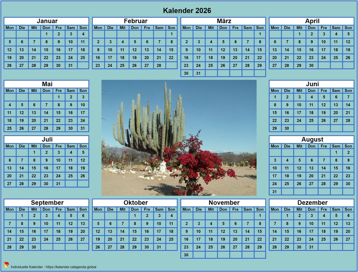 Kalender 2026 Foto-Jahreskalender zum Ausdrucken, Hintergrund Cyan, Format Querformat, Tisch oder Wand