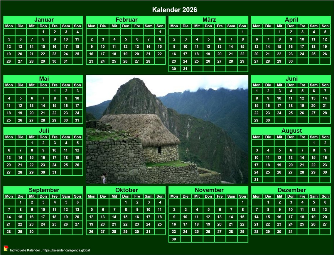 Kalender 2026 Fotojahreskalender zum Ausdrucken, Querformat, grüner Hintergrund