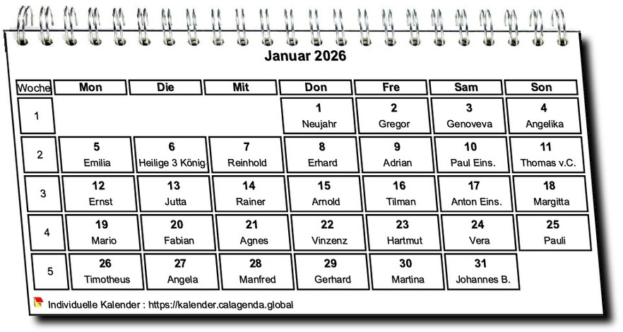 Kalender monatlich 2026 in Spiralen