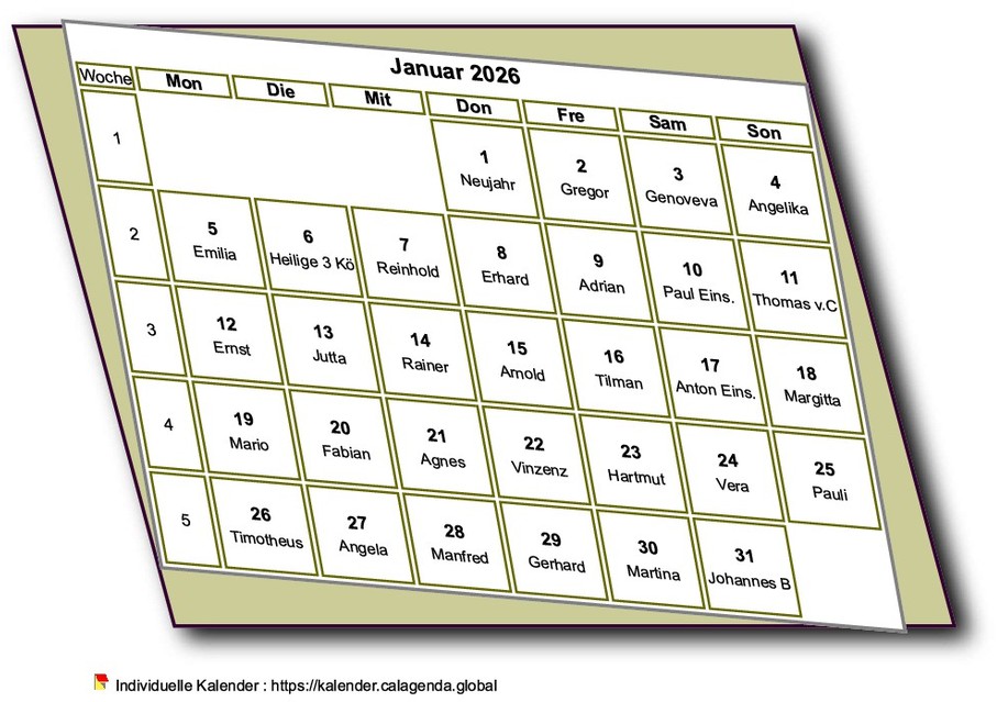 Kalender monatlich 2026 zum Ausdrucken, 3D-Stil