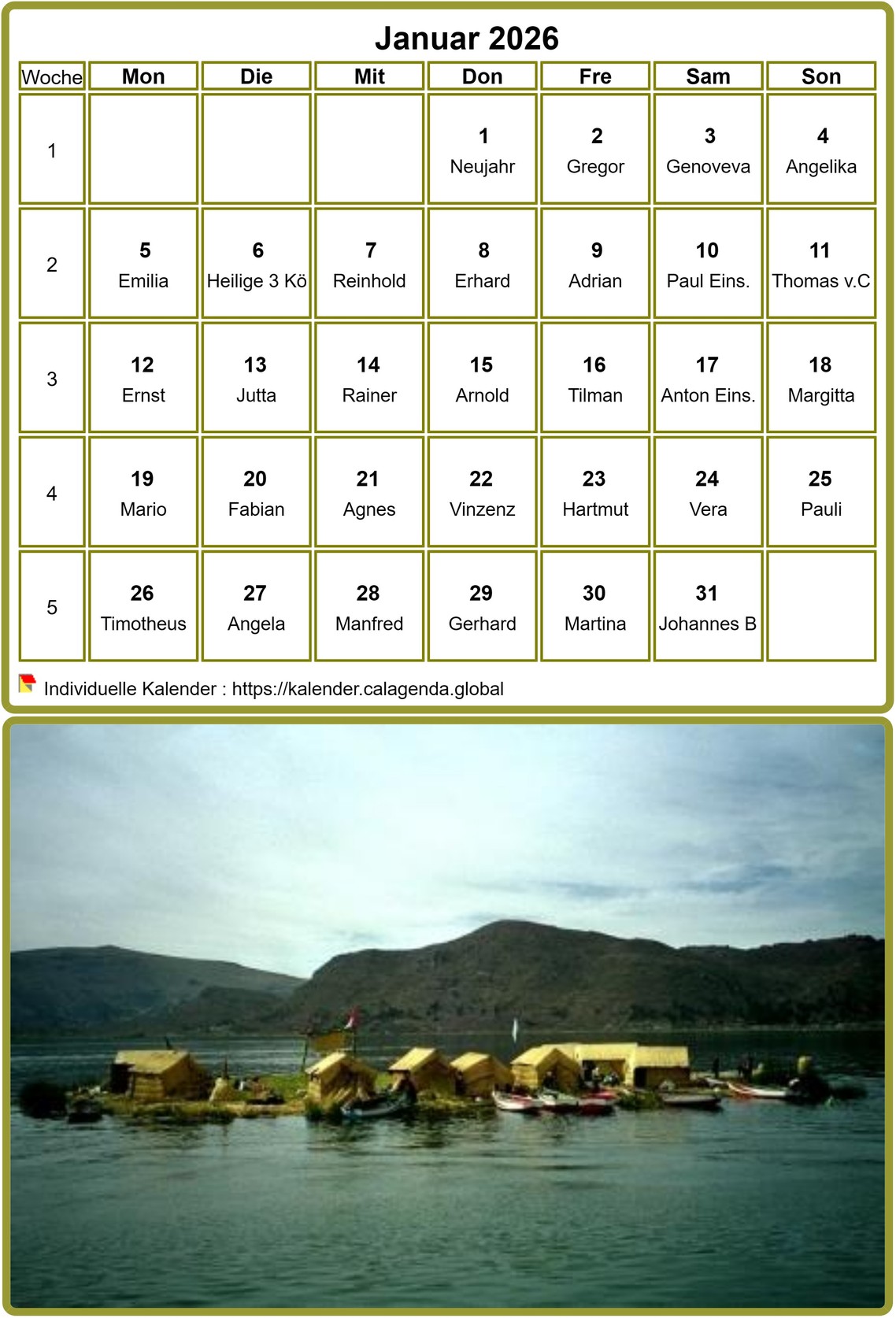 Kalender monatlich 2026, Tabelle mit Foto