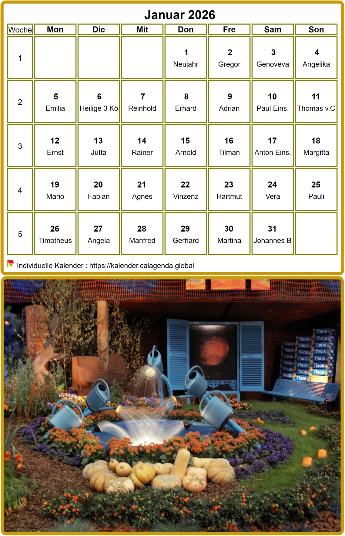 Kalender monatlich 2026 zum Ausdrucken, mit Foto auf der Unterseite