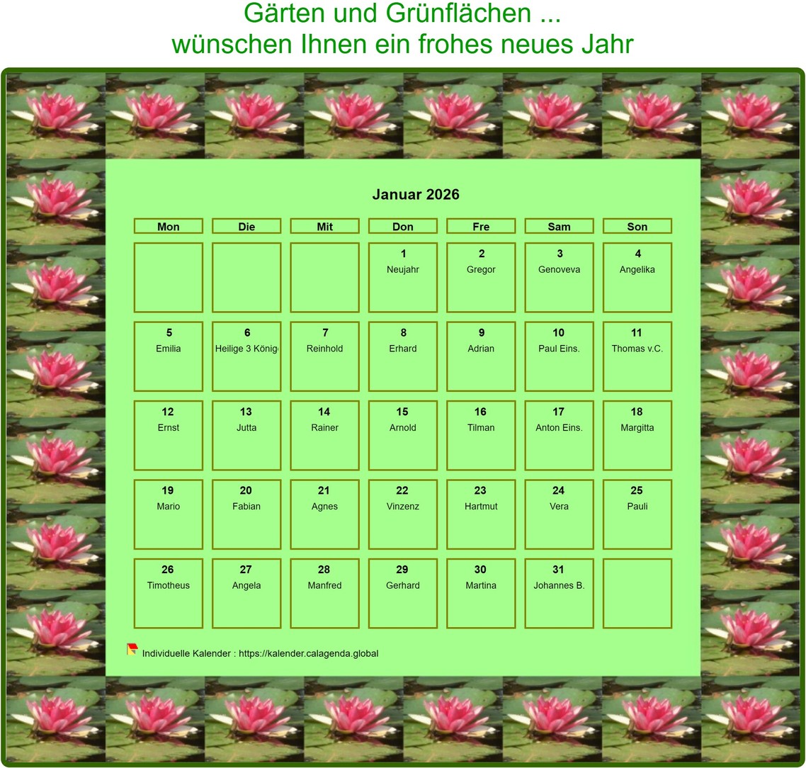 Kalender 2026 dekorative Agenda monatlich, Rahmen mit Seerosenmotiven