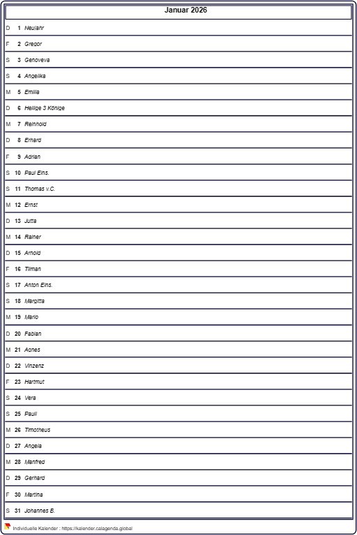 Kalender monatlich 2026, detaillierte Agenda, Format Hochformat