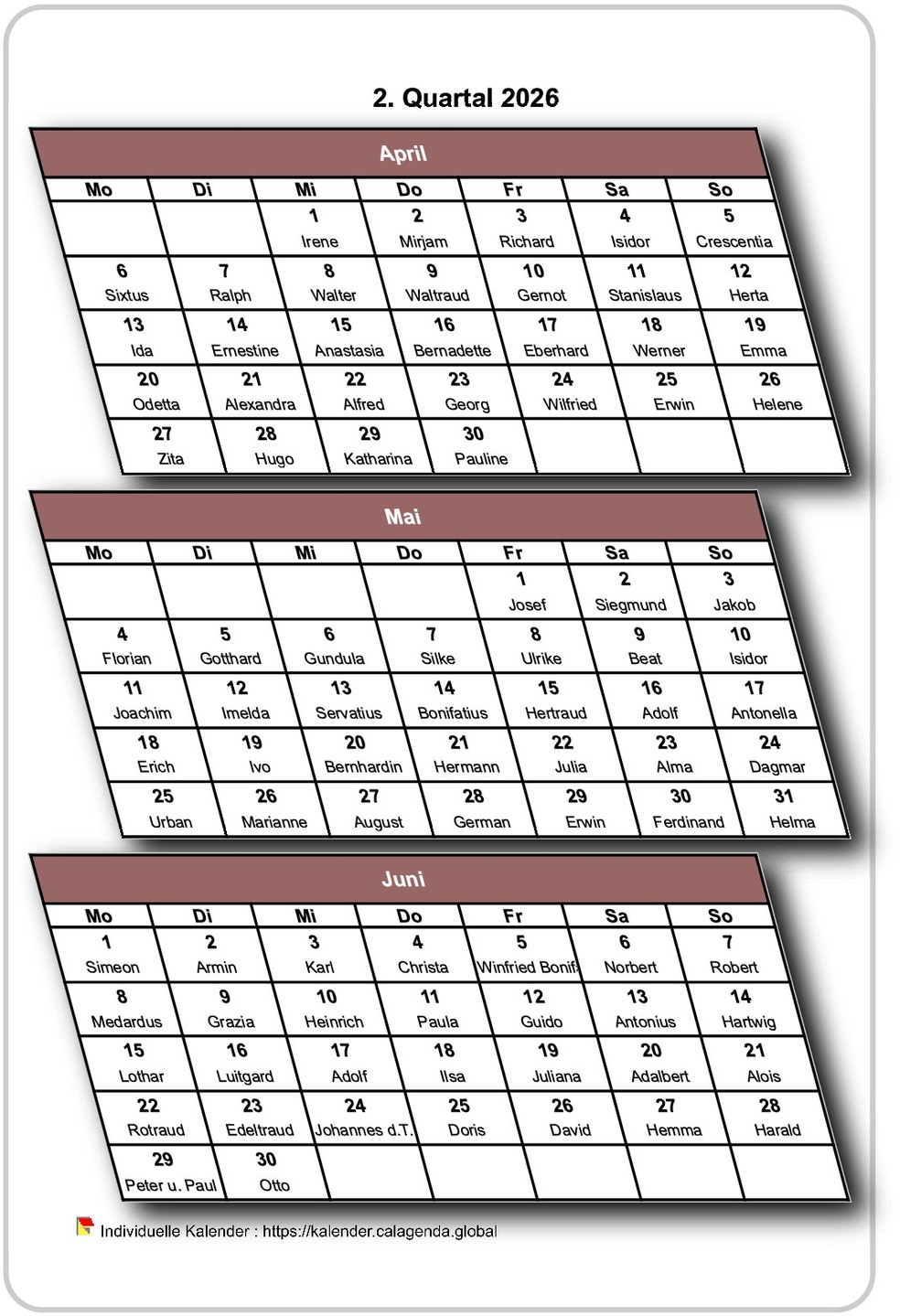 Kalender 2026 vierteljährlich 3D